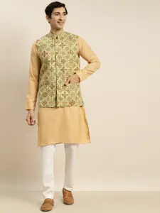 SOJANYA Men Gold-Coloured Pure Cotton Kurta with Churidar & Nehru Jacket