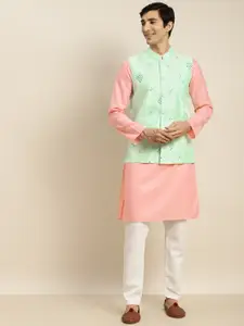 SOJANYA Men Pink Mirror Work Pure Cotton Kurta with Churidar & Nehru Jacket
