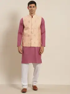 SOJANYA Men Pink Pure Cotton Kurta with Churidar & Nehru Jacket