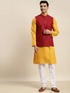 SOJANYA Men Mustard Yellow Mirror Work Pure Cotton Kurta with Churidar & Nehru Jacket