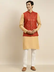 SOJANYA Men Gold Pure Cotton Kurta with Churidar & Nehru Jacket