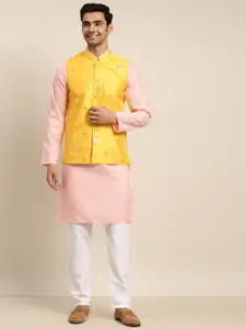 SOJANYA Men Pink Mirror Work Pure Cotton Kurta with Pyjamas & Nehru Jacket