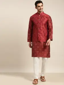 SOJANYA Men Maroon Kurta with Churidar & Nehru Jacket