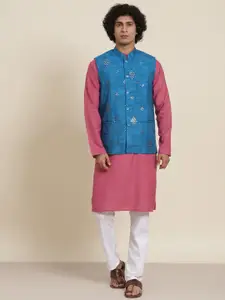 SOJANYA Men Pink Pure Cotton Solid Kurta & Churidar Comes With a Nehru Jacket