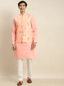 SOJANYA Men Pink Mirror Work Pure Cotton Kurta with Churidar & Nehru Jacket