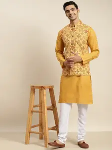 SOJANYA Men Mustard Yellow Pure Cotton Kurta with Churidar & Nehru Jacket