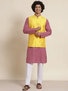 SOJANYA Men Mauve Pure Cotton Kurta with Churidar & Nehru Jacket