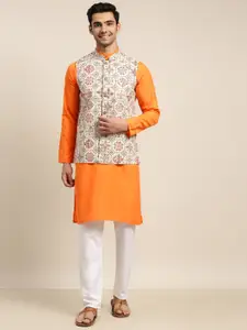 SOJANYA Men Orange Pure Cotton Kurta with Churidar & Nehru Jacket
