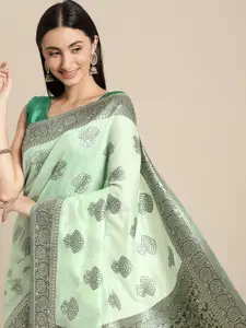 Mitera Green Floral Silk Blend Banarasi Saree