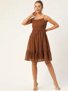 Antheaa Brown Dobby Weave Tiered A-Line Dress