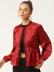 Antheaa Women Red Embellished Open Front Shrug