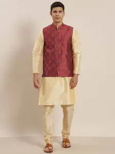 SOJANYA Men Golden Kurta with Churidar & Nehru Jacket