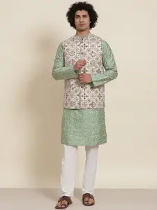 SOJANYA Men Green Floral Kurta with Pyjamas & Nehru Jacket