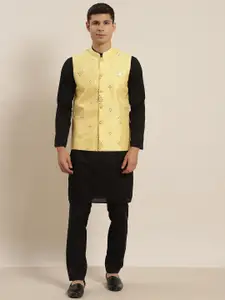 SOJANYA Men Black Embroidered Chikankari Pure Cotton Kurta with Churidar & Nehru Jacket