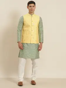 SOJANYA Men Green Floral Sequinned Kurta with Pyjamas & Nehru Jacket