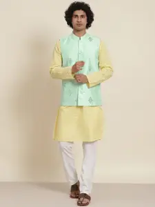 SOJANYA Men Yellow Pure Cotton Kurta with Pyjamas & Nehru Jacket