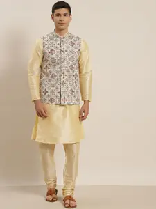 SOJANYA Men Golden Kurta with Churidar & Nehru Jacket