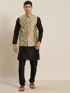 SOJANYA Men Black Kurta with Churidar & Nehru Jacket