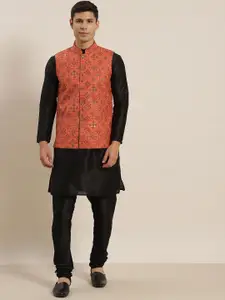 SOJANYA Men Black Kurta with Churidar & Nehru Jacket