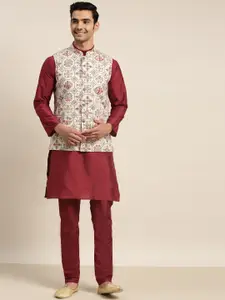 SOJANYA Men Maroon Kurta with Churidar & Nehru Jacket