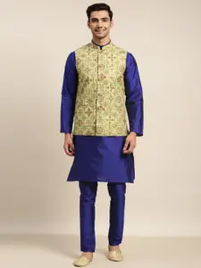 SOJANYA Men Blue Solid Kurta & Churidar Comes With a Nehru Jacket