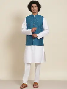 SOJANYA Men White Mirror Work Pure Cotton Kurta with Pyjamas & Nehru Jacket
