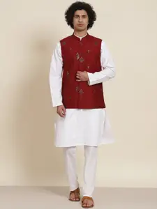 SOJANYA Men White Pure Cotton Kurta with Pyjamas & Nehru Jacket