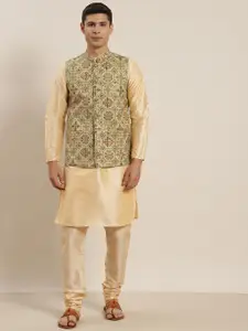 SOJANYA Men Golden Solid Kurta & Churidar Comes With a Nehru Jacket
