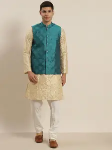 SOJANYA Men Beige Floral Kurta with Pyjamas & Nehru Jacket