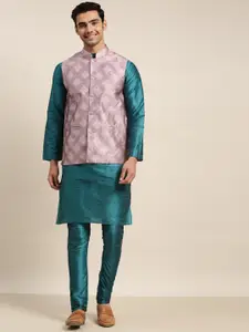 SOJANYA Men Teal Kurta with Churidar & Nehru Jacket
