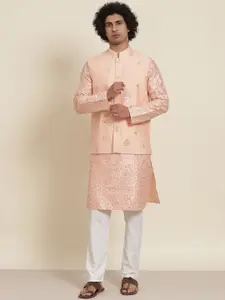 SOJANYA Men Peach-Coloured Floral Embroidered Sequinned Kurta with Pyjamas & Nehru Jacket