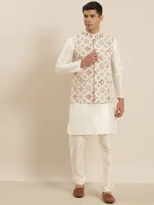 SOJANYA Men White Kurta with Churidar & Nehru Jacket