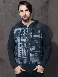 Roadster Men Navy Printed Hooded Sweatshirt