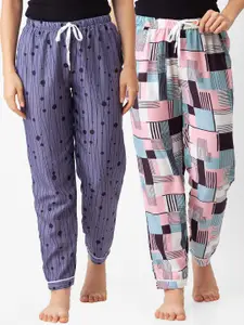 FashionRack Women Pack Of 2 Purple & Pink Printed Cotton Lounge Pants