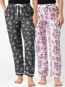 FashionRack Women Set of 2 Pink & Black Floral Printed Cotton Lounge Pants