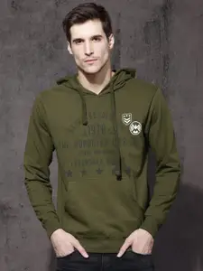 Roadster Men Olive Green Printed Hooded Sweatshirt