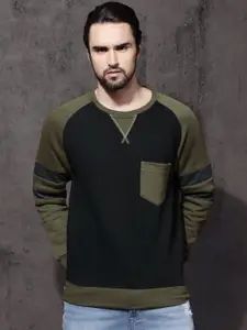 Roadster Men Black & Olive Green Solid Sweatshirt
