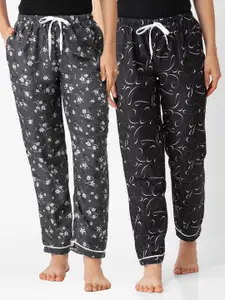 FashionRack Women Pack of 2 Grey And Black Printed Cotton Lounge Pants