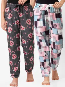 FashionRack Pack of 2 Women Grey & Pink Printed Lounge Pants