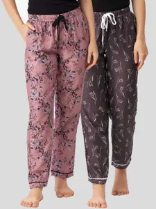 FashionRack  Set of 2  Women Brown & Pink Printed Cotton Lounge Pants