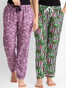 FashionRack Women Set of 2 Pink & Green Printed Cotton Lounge Pants
