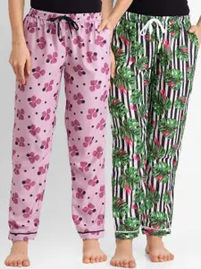 FashionRack Pack of 2 Women Pink & Green Printed Cotton Lounge Pants