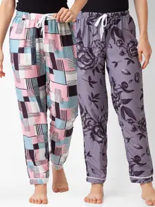 FashionRack Women Pack of 2 Pink & Purple Printed Cotton Lounge Pants