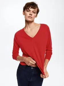 MANGO Women Red V-Neck Knitted Pullover