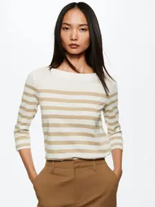 MANGO Women Off White & Taupe Striped Pure Cotton Sustainable T-shirt