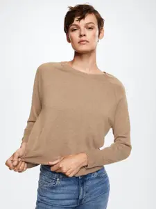 MANGO Women Brown Solid Round Neck Knitted Pullover