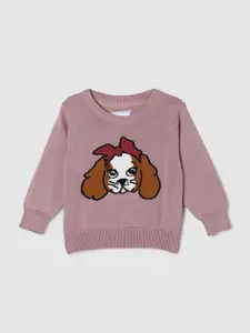 max Girls Peach & Brown Printed Cotton Pullover