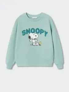 Mango Kids Girls Mint Green & White Snoopy Printed & Applique Sustainable Sweatshirt
