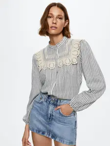 MANGO Black & White Pure Cotton Striped Crochet Shirt Style Sustainable Top