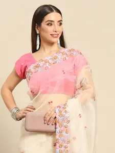 Anouk Cream-Coloured & Pink Ethnic Motifs Embroidered Organza Saree